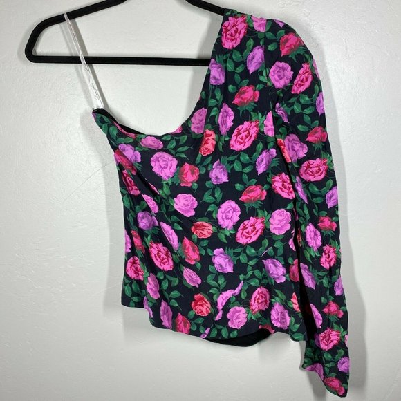 LOVERS + FRIENDS Pink/Purple Roses Print One Shoulder Puff Sleeves Blouse Top - Picture 3 of 5